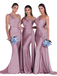 Mermaid/Trumpet Satin One-Shoulder Sleeveless Floor-Length Bridesmaid Dresses — view 18