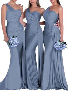 Mermaid/Trumpet Satin One-Shoulder Sleeveless Floor-Length Bridesmaid Dresses — view 19
