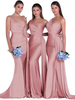 Mermaid/Trumpet Satin One-Shoulder Sleeveless Floor-Length Bridesmaid Dresses — view 22