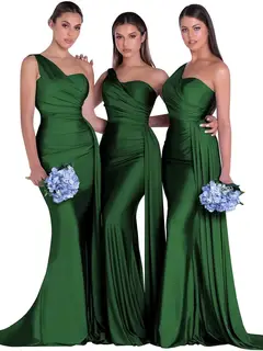 Mermaid/Trumpet Satin One-Shoulder Sleeveless Floor-Length Bridesmaid Dresses — view 23