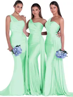 Mermaid/Trumpet Satin One-Shoulder Sleeveless Floor-Length Bridesmaid Dresses — view 26