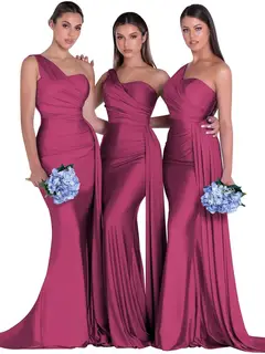 Mermaid/Trumpet Satin One-Shoulder Sleeveless Floor-Length Bridesmaid Dresses — view 27