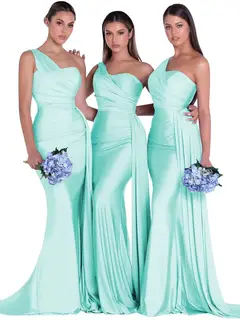 Mermaid/Trumpet Satin One-Shoulder Sleeveless Floor-Length Bridesmaid Dresses — view 28