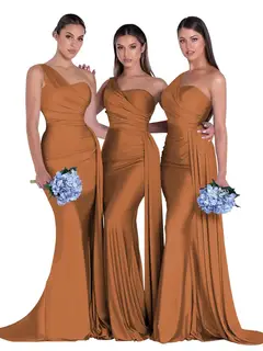 Mermaid/Trumpet Satin One-Shoulder Sleeveless Floor-Length Bridesmaid Dresses — view 29