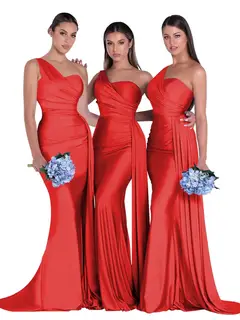 Mermaid/Trumpet Satin One-Shoulder Sleeveless Floor-Length Bridesmaid Dresses — view 31