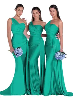 Mermaid/Trumpet Satin One-Shoulder Sleeveless Floor-Length Bridesmaid Dresses — view 32