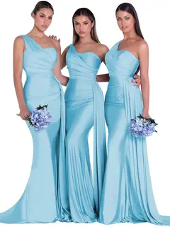 Mermaid/Trumpet Satin One-Shoulder Sleeveless Floor-Length Bridesmaid Dresses — view 33