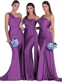 Mermaid/Trumpet Satin One-Shoulder Sleeveless Floor-Length Bridesmaid Dresses — view 35