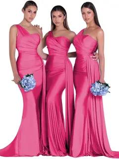 Mermaid/Trumpet Satin One-Shoulder Sleeveless Floor-Length Bridesmaid Dresses — view 36