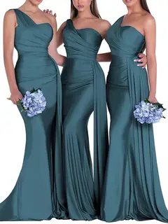 Mermaid/Trumpet Satin One-Shoulder Sleeveless Floor-Length Bridesmaid Dresses — view 37