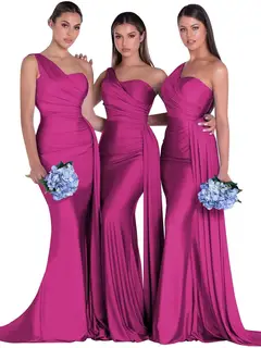 Mermaid/Trumpet Satin One-Shoulder Sleeveless Floor-Length Bridesmaid Dresses — view 38