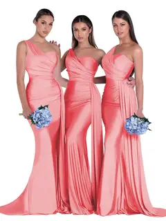 Mermaid/Trumpet Satin One-Shoulder Sleeveless Floor-Length Bridesmaid Dresses — view 39