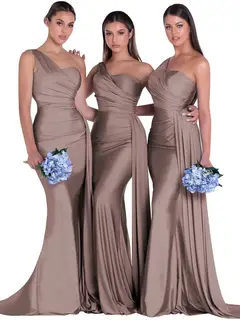 Mermaid/Trumpet Satin One-Shoulder Sleeveless Floor-Length Bridesmaid Dresses — view 41