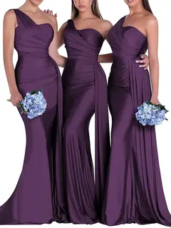 Mermaid/Trumpet Satin One-Shoulder Sleeveless Floor-Length Bridesmaid Dresses — view 44