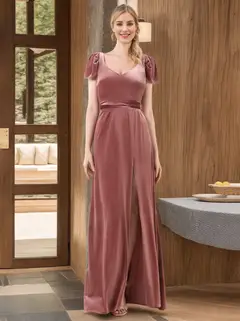 A-Line/Princess V-Neck Short Sleeves Floor-Length Long Velvet Bridesmaid Dresses with Split Side — view 1