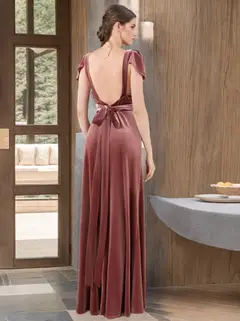 A-Line/Princess V-Neck Short Sleeves Floor-Length Long Velvet Bridesmaid Dresses with Split Side — view 2