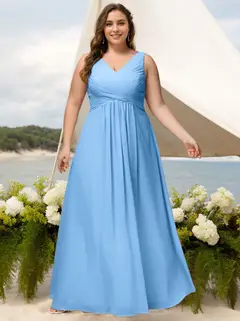 A-Line/Princess Deep V-Neck Sleeveless Floor-Length Chiffon Plus Size Bridesmaid Dresses with Ruffles — view 1