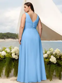 A-Line/Princess Deep V-Neck Sleeveless Floor-Length Chiffon Plus Size Bridesmaid Dresses with Ruffles — view 2