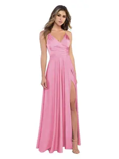 A-Line/Princess Satin V-Neck Sleeveless Floor-Length Bridesmaid Dresses — view 35