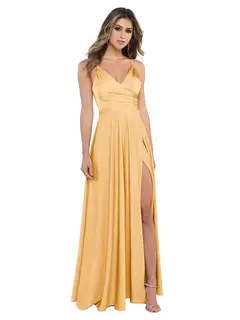 A-Line/Princess Satin V-Neck Sleeveless Floor-Length Bridesmaid Dresses — view 38