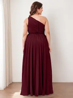 A-Line/Princess One-Shoulder Sleeveless Floor-Length Bridesmaid Dresses with Pocket & Ruffles — view 4