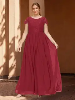 A-Line/Princess Scoop Neck Short Sleeves Floor-Length Plus Size Bridesmaid Dress With Embroidery — view 1