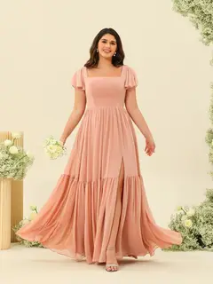 A-Line/Princess Ruffles Floor-Length Short Sleeves Plus Size Bridesmaid Dresses — view 1
