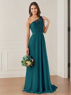 A-Line/Princess One-Shoulder Sleeveless Floor-Length Bridesmaid Dresses with Lace,Beaded & Embroidered — view 1