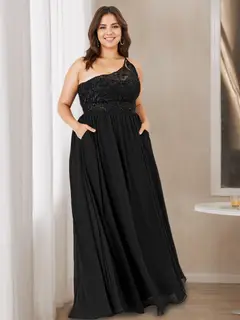 A-Line/Princess One-Shoulder Sleeveless Floor-Length Bridesmaid Dresses with Lace,Beaded & Embroidered — view 3
