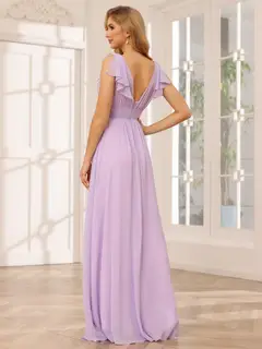 A-Line/Princess V-Neck Short Sleeves Long Bridesmaid Dresses with Ruffles — view 2
