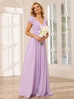 A-Line/Princess V-Neck Short Sleeves Long Bridesmaid Dresses with Ruffles — view 3