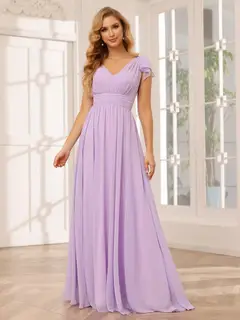 A-Line/Princess V-Neck Short Sleeves Long Bridesmaid Dresses with Ruffles — view 4