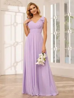 A-Line/Princess V-Neck Short Sleeves Long Bridesmaid Dresses with Ruffles — view 5