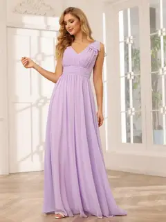 A-Line/Princess V-Neck Short Sleeves Long Bridesmaid Dresses with Ruffles — view 7