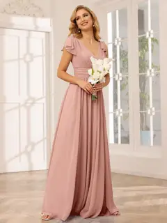 A-Line/Princess V-Neck Short Sleeves Long Bridesmaid Dresses with Ruffles — view 8