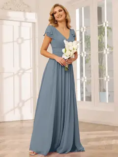 A-Line/Princess V-Neck Short Sleeves Long Bridesmaid Dresses with Ruffles — view 9
