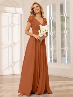 A-Line/Princess V-Neck Short Sleeves Long Bridesmaid Dresses with Ruffles — view 10