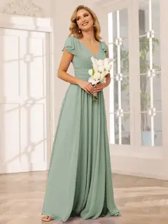 A-Line/Princess V-Neck Short Sleeves Long Bridesmaid Dresses with Ruffles — view 11