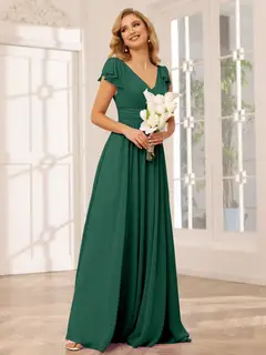A-Line/Princess V-Neck Short Sleeves Long Bridesmaid Dresses with Ruffles — view 12
