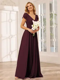 A-Line/Princess V-Neck Short Sleeves Long Bridesmaid Dresses with Ruffles — view 13