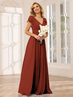 A-Line/Princess V-Neck Short Sleeves Long Bridesmaid Dresses with Ruffles — view 14