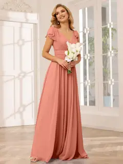 A-Line/Princess V-Neck Short Sleeves Long Bridesmaid Dresses with Ruffles — view 15