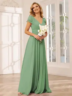 A-Line/Princess V-Neck Short Sleeves Long Bridesmaid Dresses with Ruffles — view 16