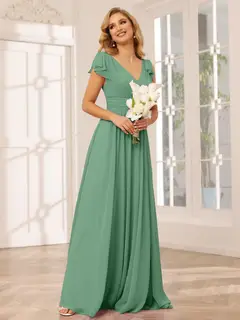 A-Line/Princess V-Neck Short Sleeves Long Bridesmaid Dresses with Ruffles — view 17
