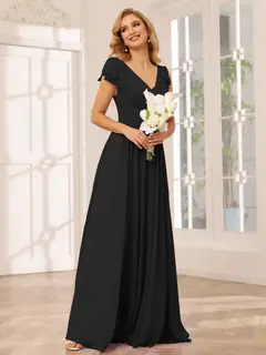 A-Line/Princess V-Neck Short Sleeves Long Bridesmaid Dresses with Ruffles — view 18