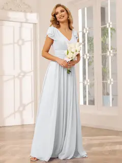 A-Line/Princess V-Neck Short Sleeves Long Bridesmaid Dresses with Ruffles — view 19