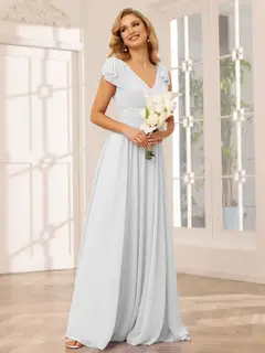 A-Line/Princess V-Neck Short Sleeves Long Bridesmaid Dresses with Ruffles — view 20