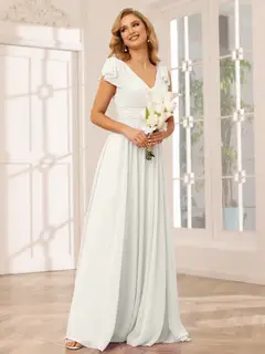 A-Line/Princess V-Neck Short Sleeves Long Bridesmaid Dresses with Ruffles — view 21