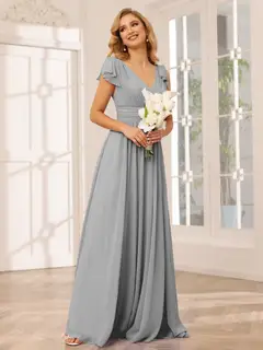 A-Line/Princess V-Neck Short Sleeves Long Bridesmaid Dresses with Ruffles — view 22