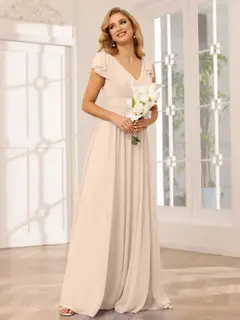 A-Line/Princess V-Neck Short Sleeves Long Bridesmaid Dresses with Ruffles — view 23